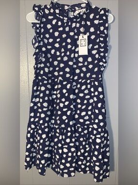 THML Navy Spotted Sleeveless Dress Ruffled Crew Neck BabyDoll Tiered Silhouette